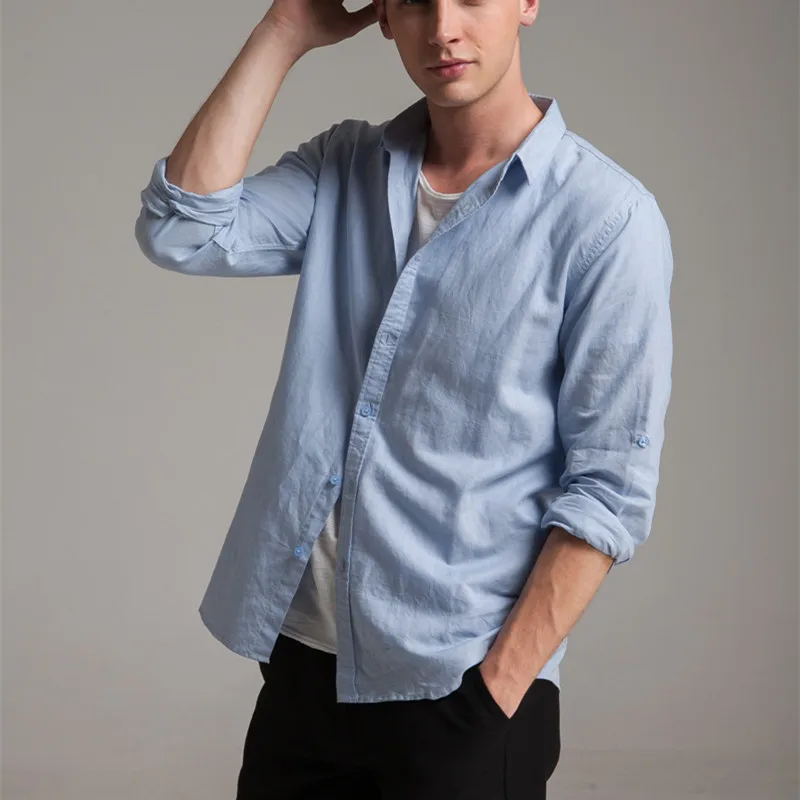 

slim fit men's long sleeves straight collar summer casual shirts white cotton linen dress shirt for men M-XXXL