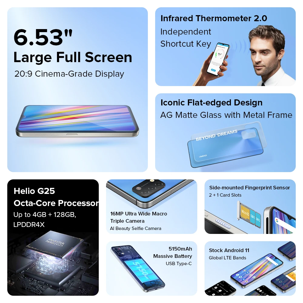 UMIDIGI-Tel&eacute;fono m&oacute;vil inteligente con triple c&aacute;mara modelo A11, dispositivo m&oacute;vil de 64 GB-128 GB, 6,53 pulgadas HD + 16MP, versi&oacute;n global, Android 11, helio G25 y bater&iacute;a 5150mAh-1