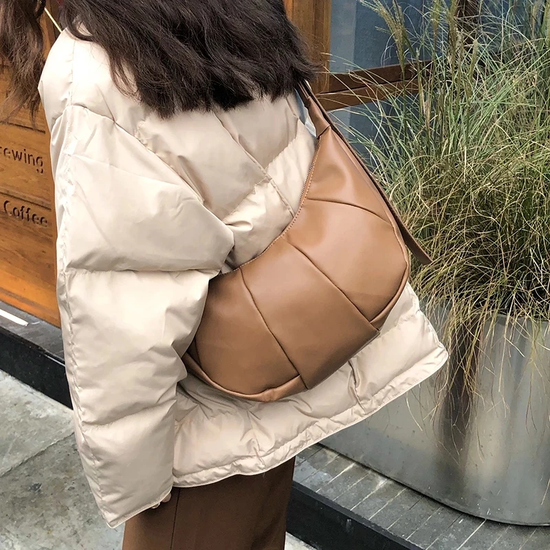 

Splicing PU Leather Half Moon Bags For Women 2021 Small Shoulder Simple Bag Lady Fashion Handbags Luxury Branded Crossbody Bag