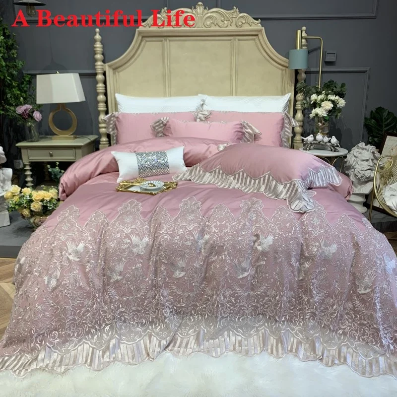 Роскошная Розовая Принцесса 1000TC Египетский хлопок кружево вышивка пододеяльник