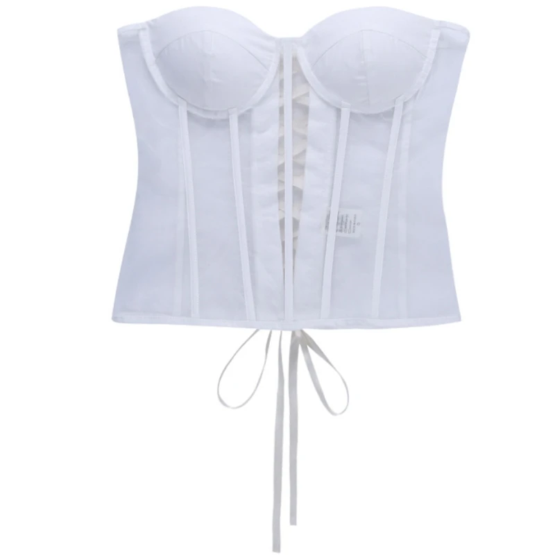 

Y166 Women Sexy Sheer Mesh Patchwork Bustier Corset Vintage Strapless Lace-Up Back Overbust Waist Cincher Body Shaper Top