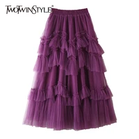 twotwinstyle black patchwork mesh skirt for women high waist casual ball gown skirts female fashion new clothes 2021 spring