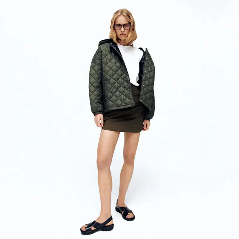 

Unizera 2021 Za women's autumn and winter new loose diamond lattice hooded cotton suit pilot women's jacket fashion