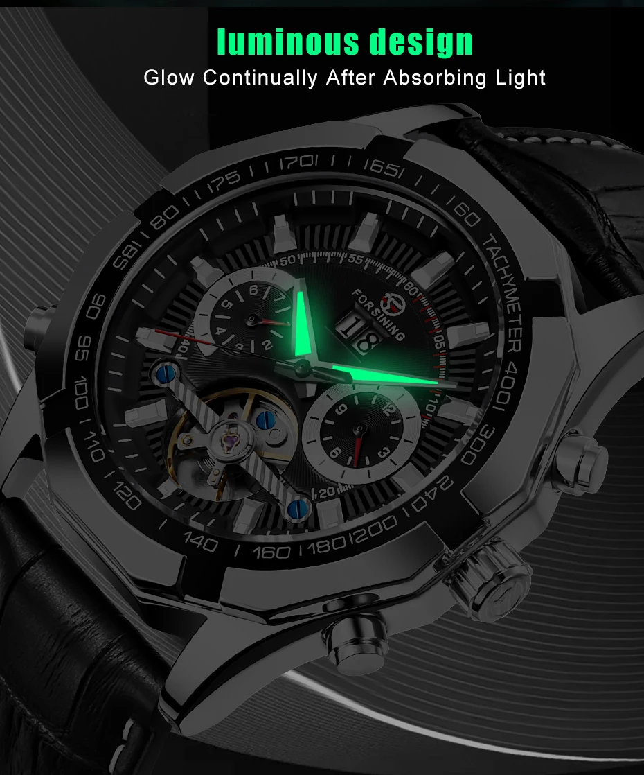 FORSINING, модные мужские Tourbillon, автоматические часы, Серебряный Скелет, кожаный ремешок, военные механические наручные часы, мужские спортивные часы