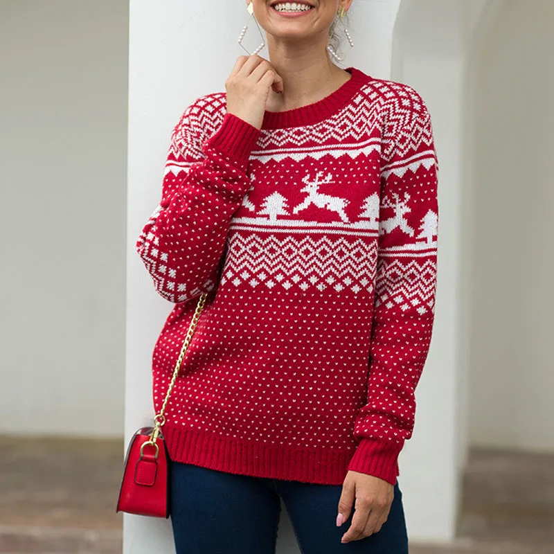 

Women's Fashion Christmas Ugly Pullover Sweater Autumn Winter Wool Knit Long Sleeve O Neck Jumpers Pull Femme Ribbed Tops