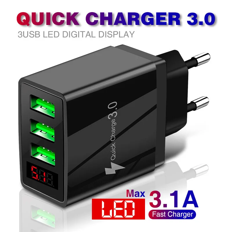 

5V 3.1A 100-220V 3usb Digital Display Fast Charging USB Smart Phone Quick Charger Plug 3.0 Over-Charge Protection