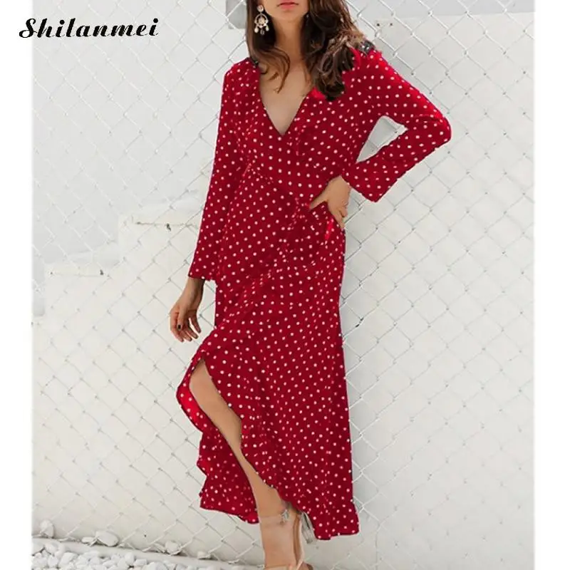 Платье миди в горошек с длинным рукавом и глубоким V образным вырезом|Женские