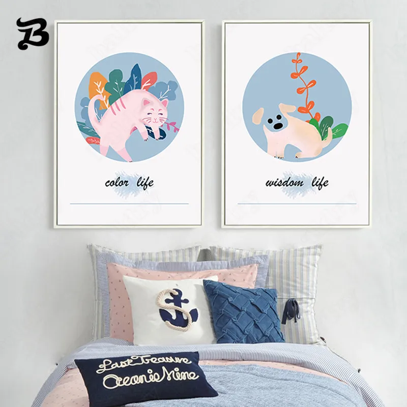 

Canvas Painting Cartoon Animals Nordic Decoration Wall Art Sweet Cat and Dog Poster and Print Decorative Picture Kids Room Decor