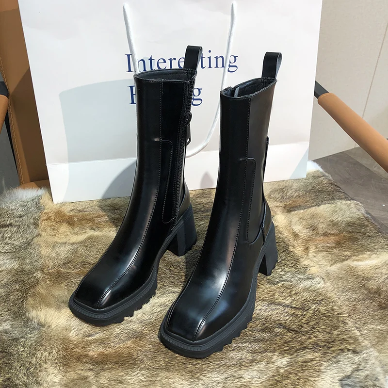 

2021 New Autumn And Winter Fashion Casual Martin Solid Color Thick Soled Thick Heel Square Head Short Boots Women Q289