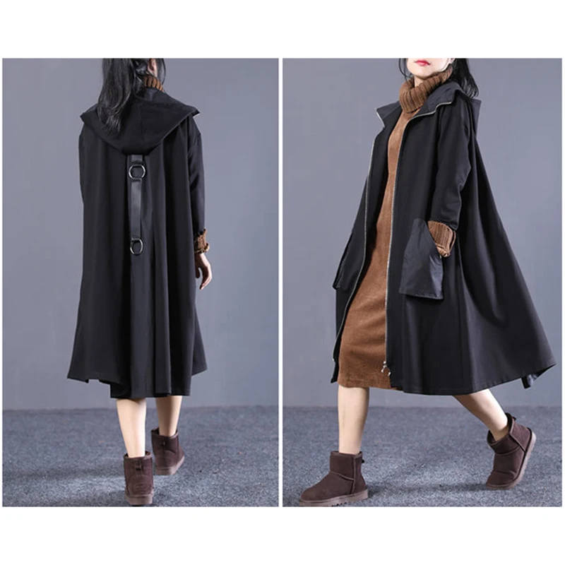 Женское длинное пальто с капюшоном свободная Лоскутная ветровка большого