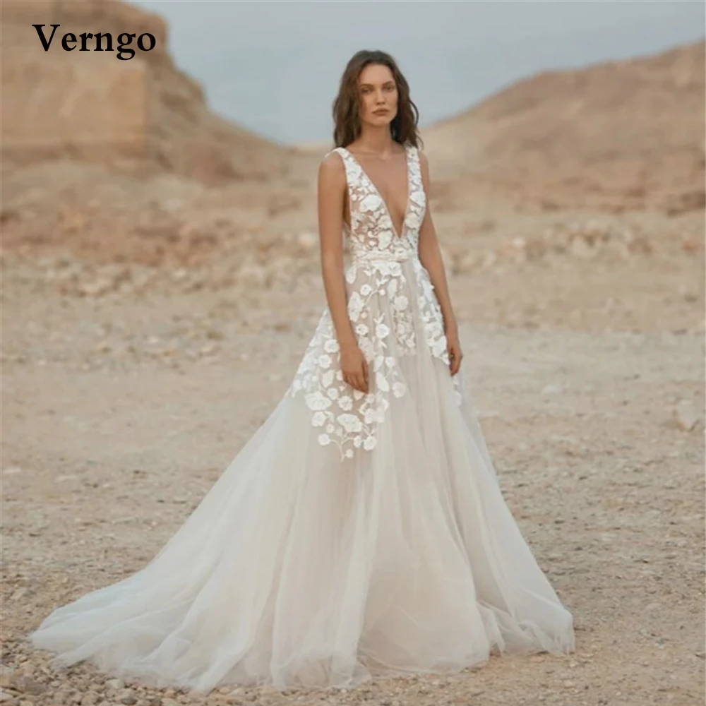 

Verngo New Correction A Line Wedding Dress Boho V Neck Lace Applique Tulle Sweep Train Bridal Gowns 2021 Robe de mariage