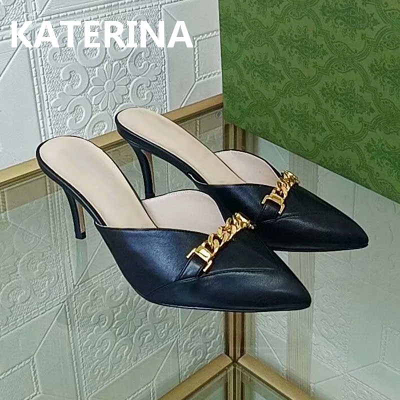 

Мюли женские, шлепанцы, сланцы, сандалии на высоком каблуке, заостренный носок, металлический декор, натуральная кожа, сандалии для женщин