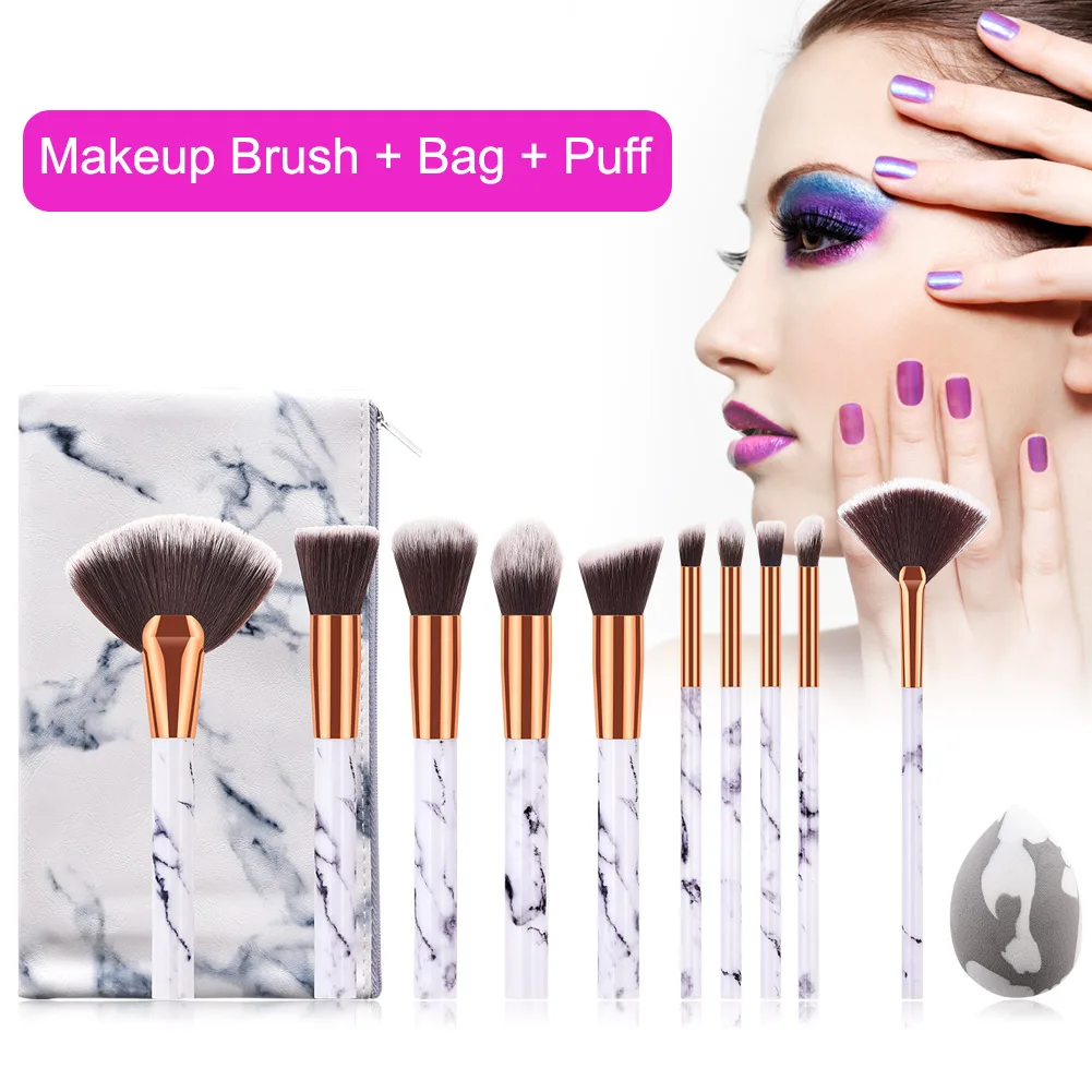 

10 шт. набор кистей для макияжа с косметическим блендером губки сумка для хранения мраморный узор brochas de maquillaje