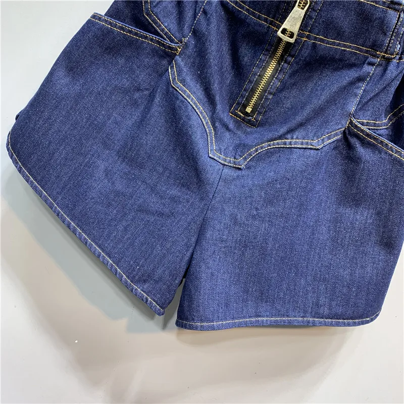 

Dark Blue Elastic Waist Zipper Vintage Denim Shorts Ladies 2021 Summer New All-Matching Wide Leg Jean Hot Pants Short Jeans Pant