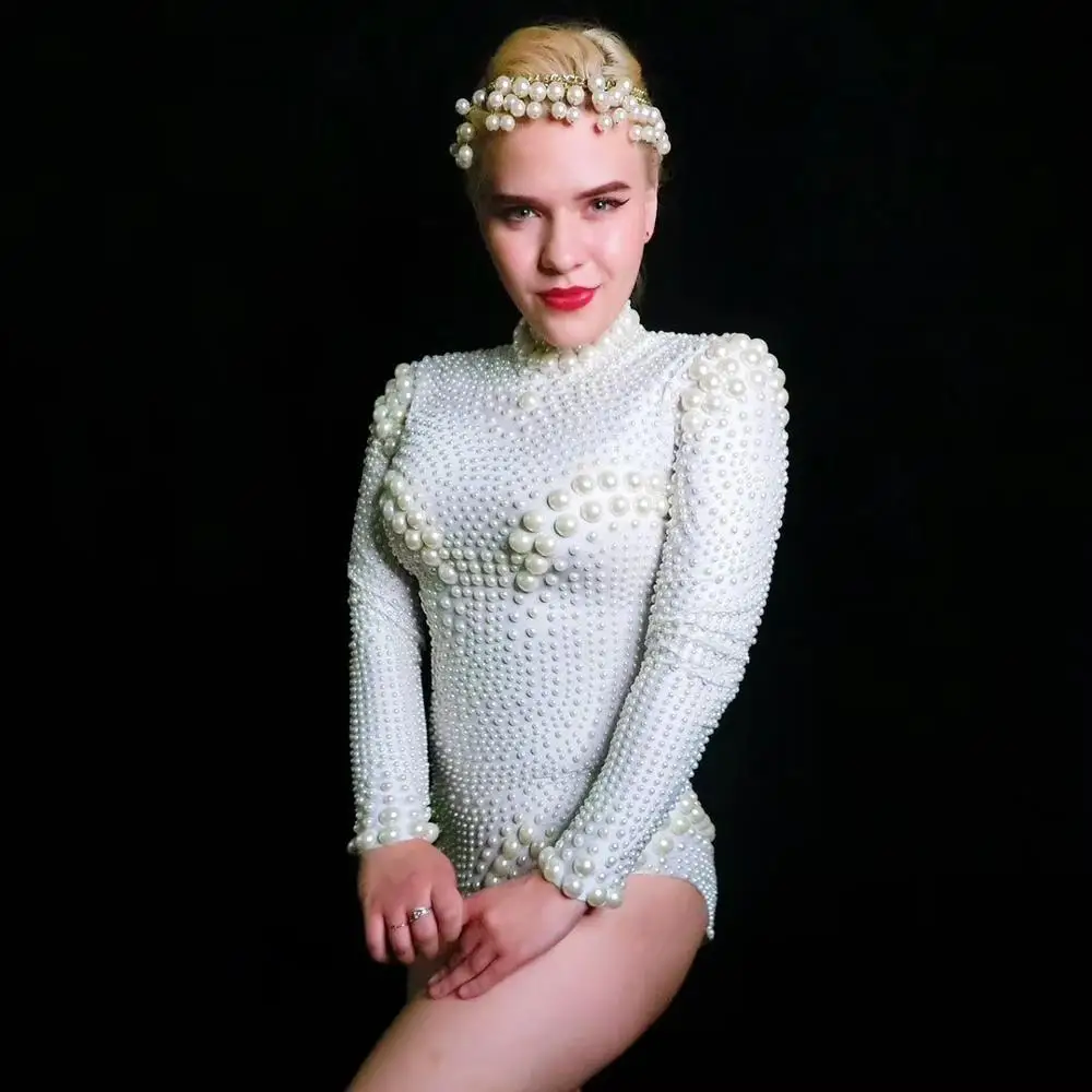 Women Sexy Jazz Singer Stage Costumes Vintage White Full Pearls Elastic Bodysuits Nightclub DJ DS Dancer Leotard