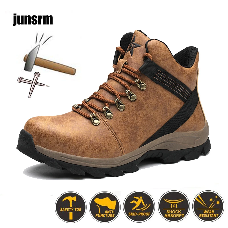 Leather safety boots high-top, comfortable, puncture-proof and protective feet, electric welding construction outdoor work shoes