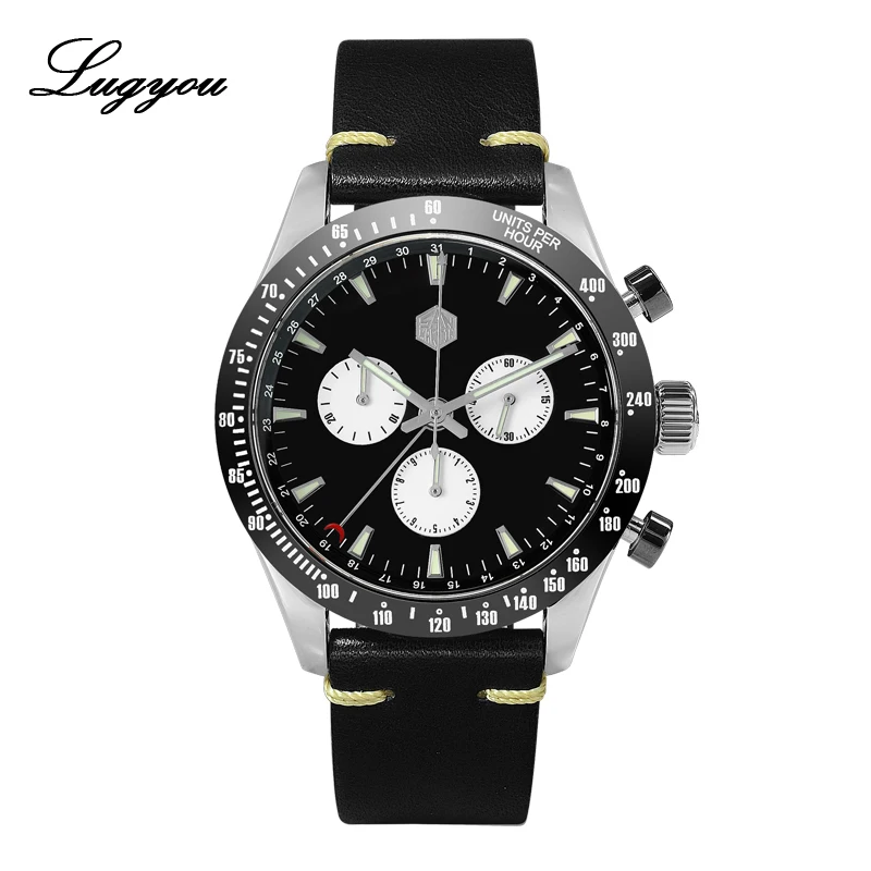 Leather Black Lugyou San Martin Quartz Watch Men Chronograph Timepiece Sun ray Metal Band Sub Dials Pusher Sapphire 100m Water Resistant Glow - Цвет: Leather Black