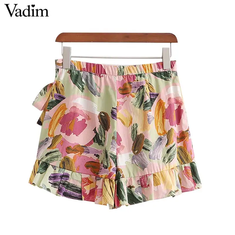 Vadim women fashion floral pattern shorts skirts ruffles bow tie elastic waist side zipper female sweet shorts SA183