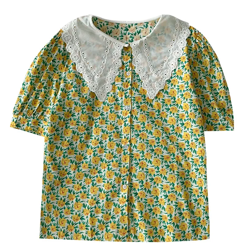

Kimutomo Floral Printed Shirt 2021 Summer New Women's Korean Fashion Female Peter Pan Collar Short Sleeve Wild Blouse Casual