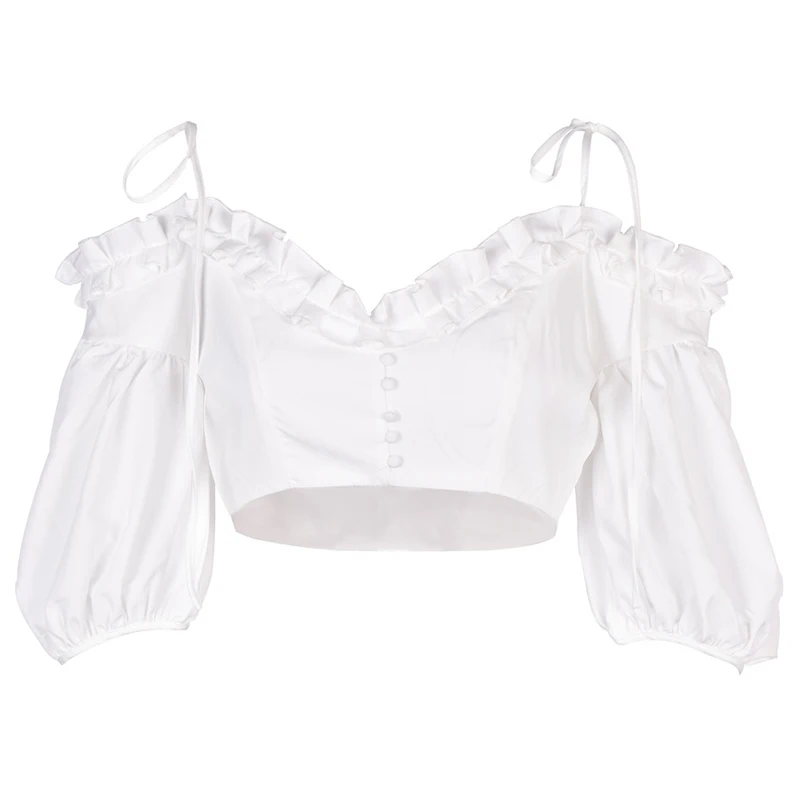 

Paris Girl Summer Bandage Blouse Off-The-Shoulder Sexy Lace Suspenders Short Lantern Sleeves Backless Crop Tops