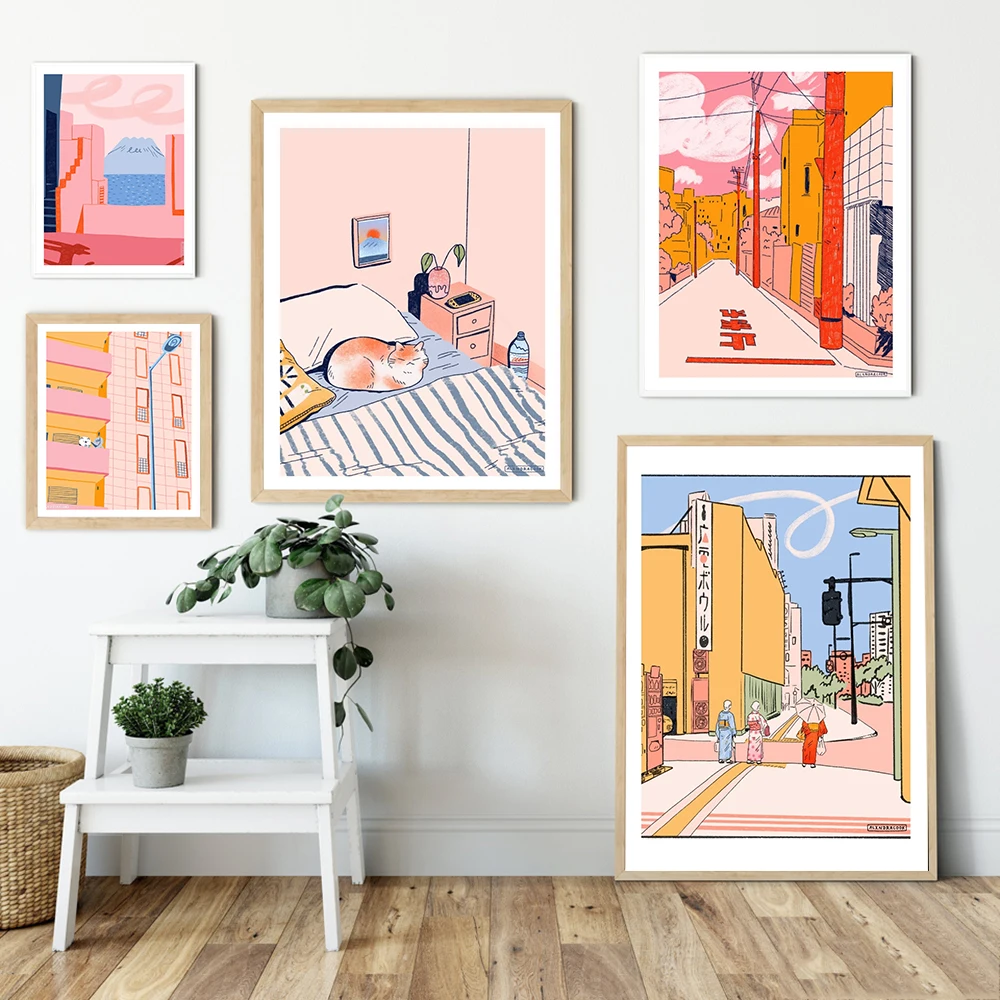 

Scandinavian Cartoon Cat Canvas Painting Nordic Poster Anime Summer Street Landscape Print Color Wall Art Picture Kid Room Decor