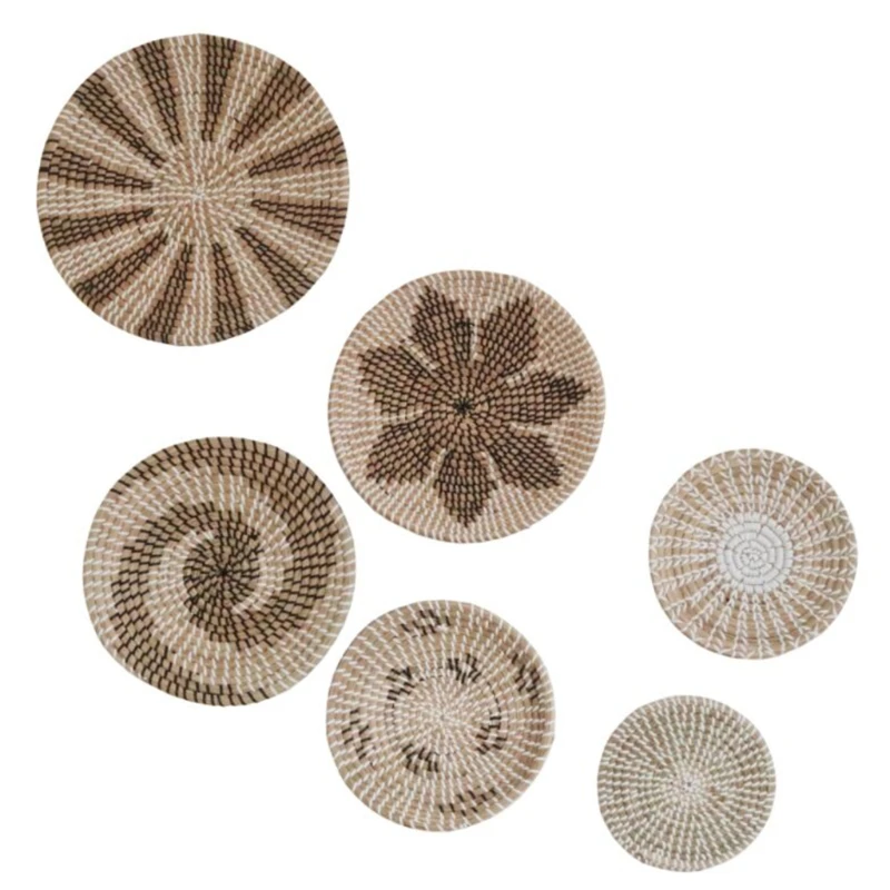 

6pcs Handmade Hanging Wall Basket Boho Flat Woven Seagrass Hanging Decorative Trays Bowl for Living Room Bedroom