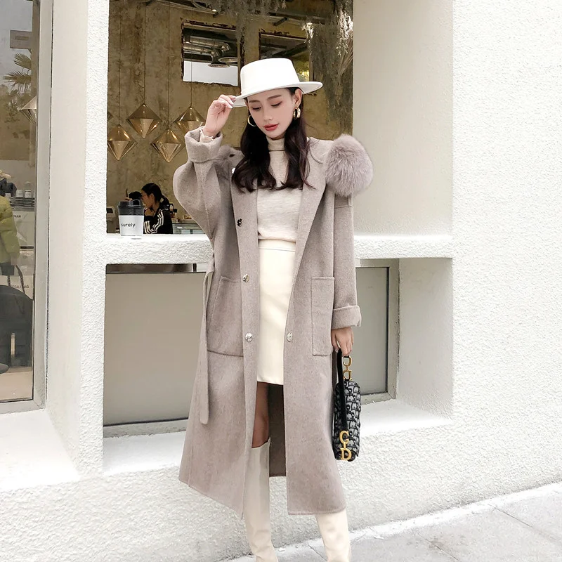 

Женское осеннее пальто SHZQ с воротником из натурального Лисьего меха, Кашемировое шерстяное Смешанное свободное женское осеннее пальто из о...