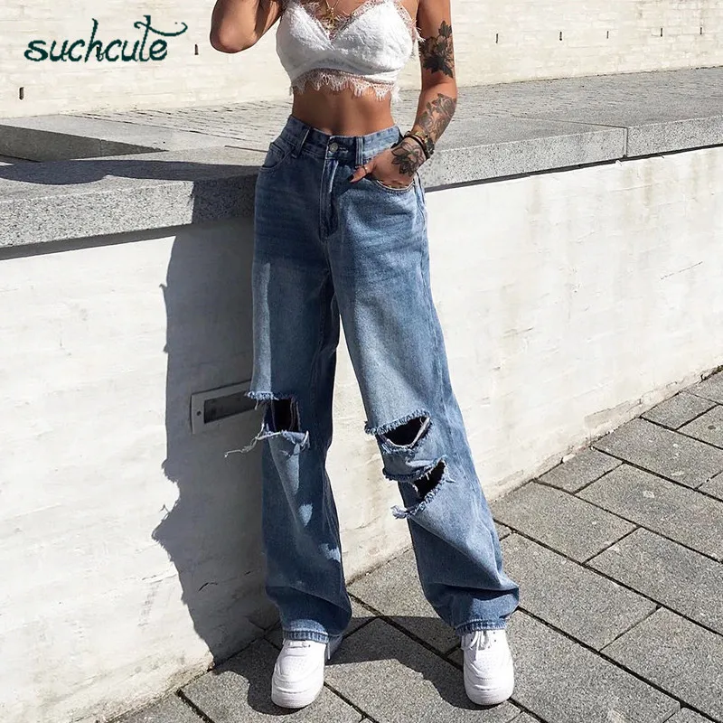 SUCHCUTE Hole Jeans Women Wide Leg Denim Pants Plus Size Punk Korean Style Trouser Casual Korean Style Harajuku Female Joggers