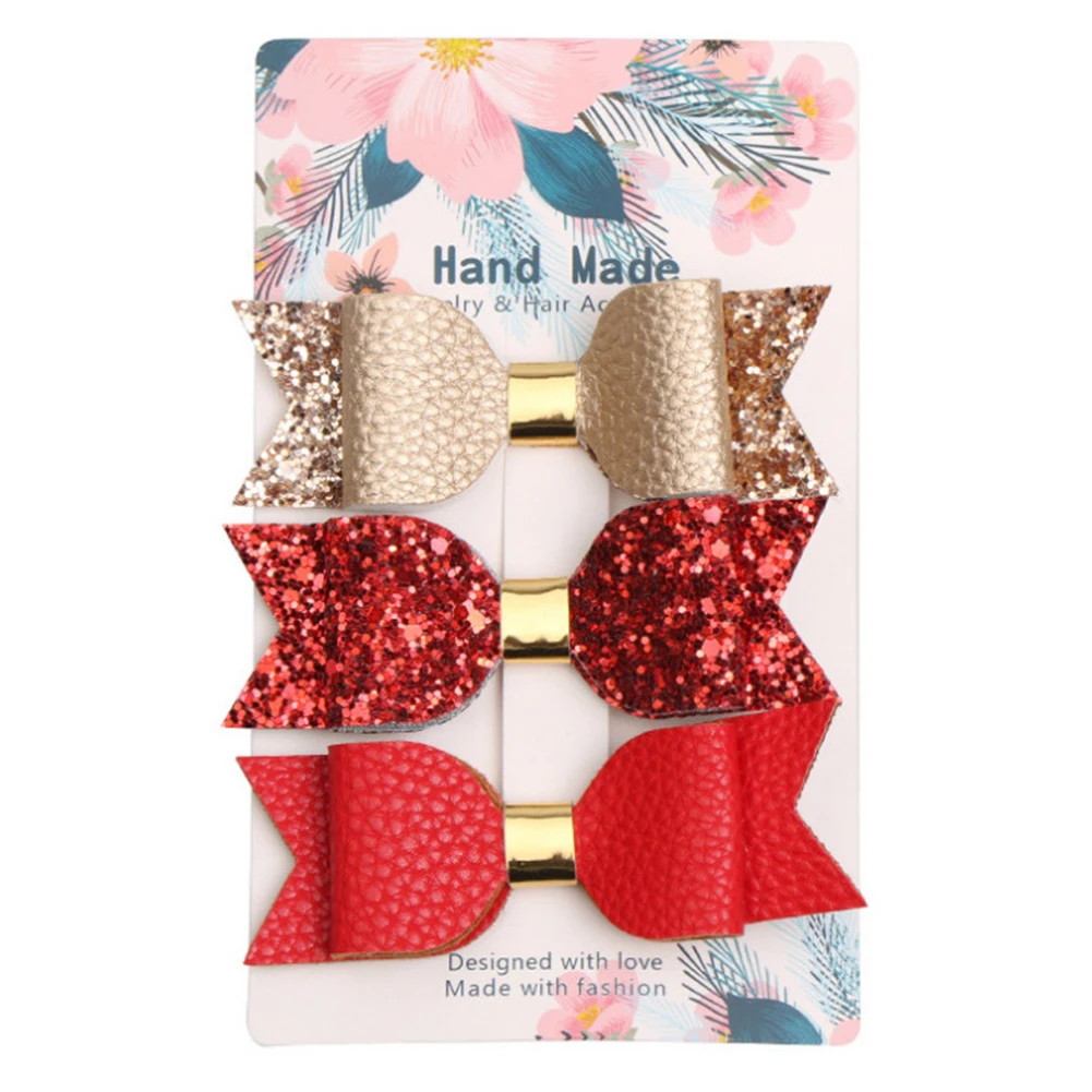

3pcs Fashion Kids Accessories Bowknot Shape Glitter Styling Tools DIY Party Gift Cute Artificial Leather Decoration Hair Clip
