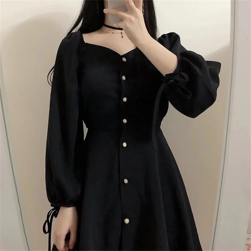 Корейское женское мини платье милое однобортное с квадратным воротником и