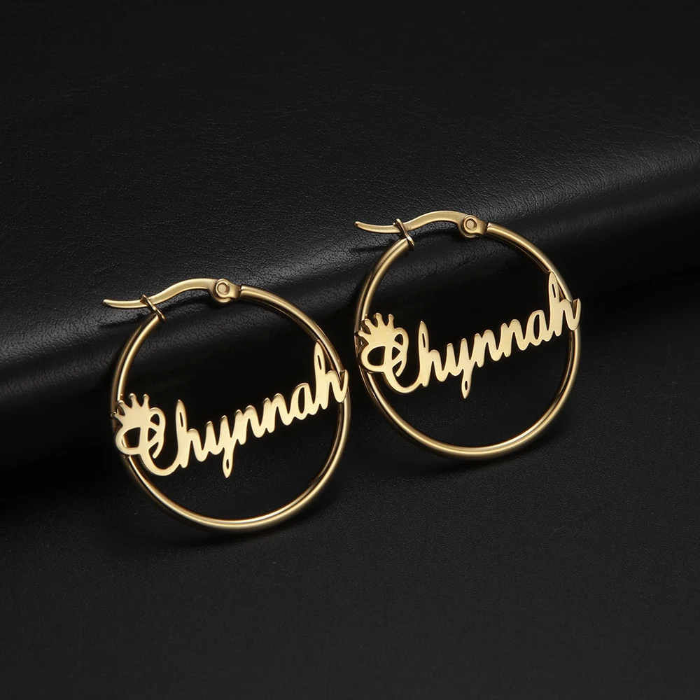 Cazador Custom Name Hoop Earrings Personalized Gold Color Stainless Steel For Earrings Women Letter Nameplate Circle Jewelry