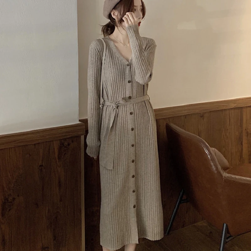 

Korean Autumn 2021 Midi Sweater Dress Women Elegant V-Neck Vintage Button Lace-Up Thin Office Lady Knitted Dress One-piece Dress