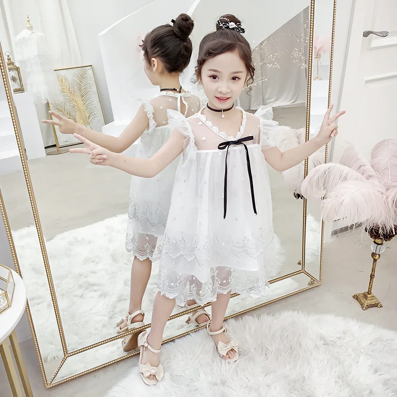 Платье для девочек летнее платье с коротким рукавом детская одежда кружевное