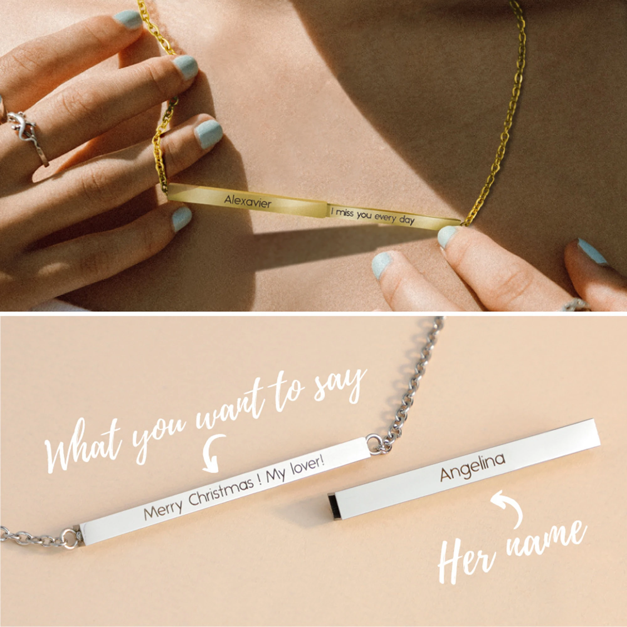 

Personalized Custom Name 3D Bar Necklace New Stainless Steel Customized Text Pendant Necklaces Charm Jewelry Friends Lovers Gift