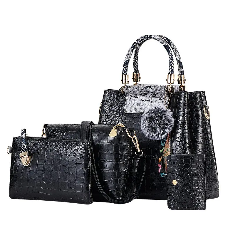 4PS Black Gray FUNMARDI 4 шт. женские сумки набор роскошных крокодиловых женских сумок из искусственной кожи сумки на плечо брендовые композитные сумки-мессенджеры WLHB2024 - Цвет: 4PS Black Gray