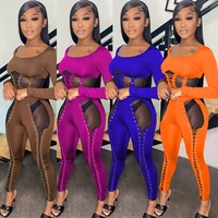 sexy sheer mesh patchwork grommet lace up tracksuit women o neck long sleeve crop top pants see through club two piece set