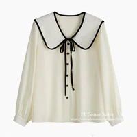 korean fashion girls cute doll collar button up shirt lady nice long sleeve blouse female ol design sense french womens tops