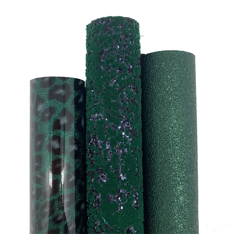 3PCS/SET Green Flocking Glitter Vinyl Fabric Matching with Smooth Leopard Glitter Faux Leather For Bow Earrings DIY 21X29CM Q115