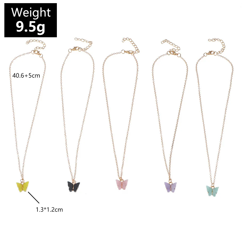 

5Pcs/Sets Fashion MultiColor Acrylic Butterfly Pendant Necklaces Set for Women Simple Gold Color Metal Choker Wedding Jewelry
