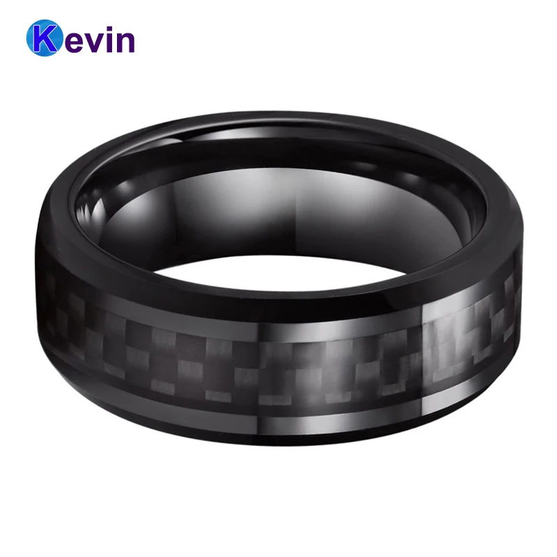 Мужское женское черное вольфрамовое кольцо обручальное с черной вставкой из