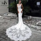 Свадебное платье с кружевной аппликацией, атласное платье невесты с юбкой-годе, иллюзионное платье без рукавов с сердечком, свадебные наряды с открытой спиной и шлейфом в стиле часовни, 2020