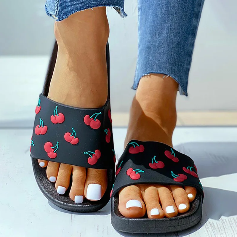 

Women's Slippers Soft Slides Ladies Cherry PU Home Bathroom Non Slip Casual Girl Beach Vocation Fashion Summer Shoes Female 2021