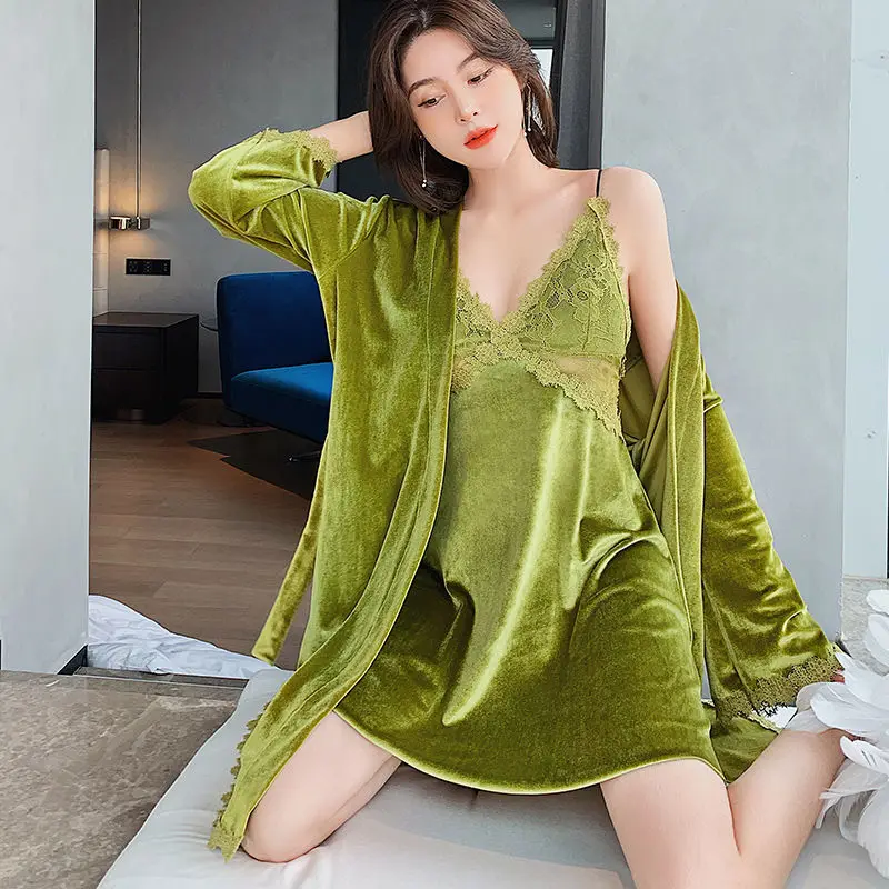 With Chest Pad Beauty Back Halter Pajamas Two-piece Set Autumn Winter New Gold Velvet Pajamas Female Sexy Nightwear Robe Sets