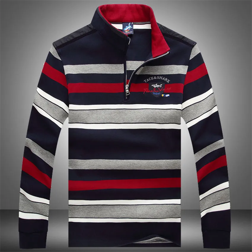 

Мужская хлопковая футболка в полоску, с воротником-стойкой и длинными рукавами, 2021