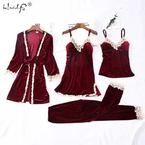Женский бархатный теплый зимний пижамный комплект из 4 предметов, женский сексуальный кружевной халат, пижама, комплект для сна, ночная одежда без рукавов