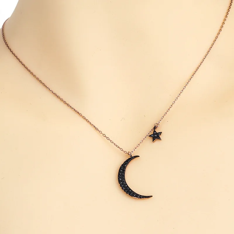 Корейское заявление черная кристальная Луна Звезда подвеска на золотой цепочке