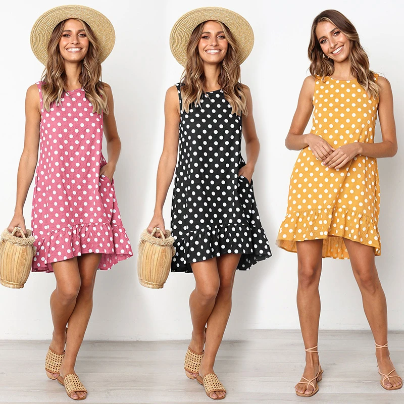 

Summer Women New Clothes Sleeveless Polka Dot Ruffle Pink Yellow Short Dress Vestido Verano Bohemiana Line Sundress Streetwear