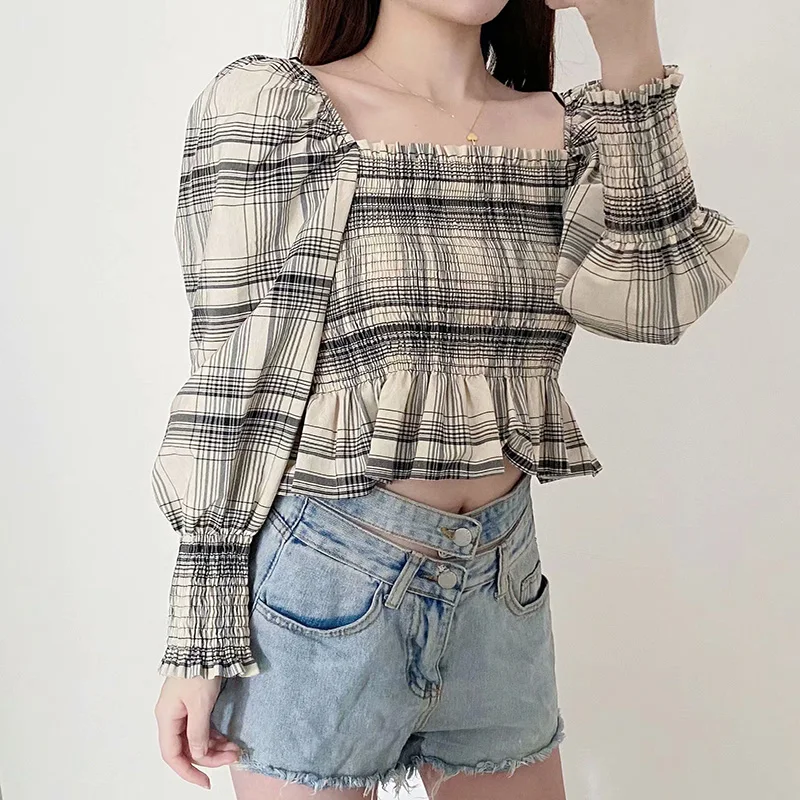 Женская блузка с длинным рукавом в клетку | одежда