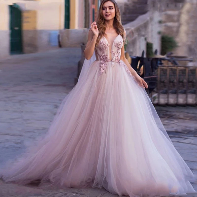 

MoonlightShadow V-Neck A-line Wedding Dress Appliques 3D Flower Pink Backless Illusion Tulle Bridal Gown Vestito Da Sposa