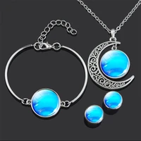 solar system jewelry set 8 planet earth jupiter saturn glass dome stud earrings bracelet crescent moon pendant necklace set